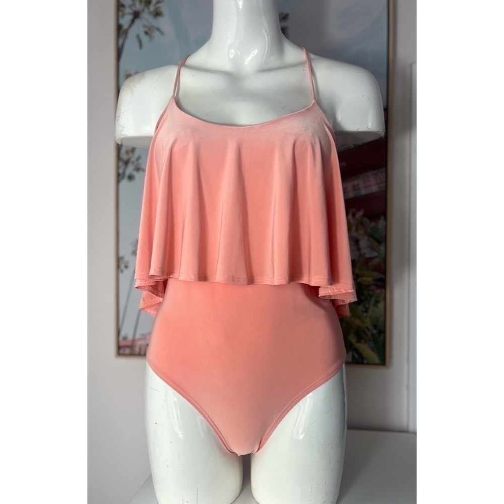 San Julian Peach Ruffle Flounce Tank Bodysuit Spaghetti Strap Size Large